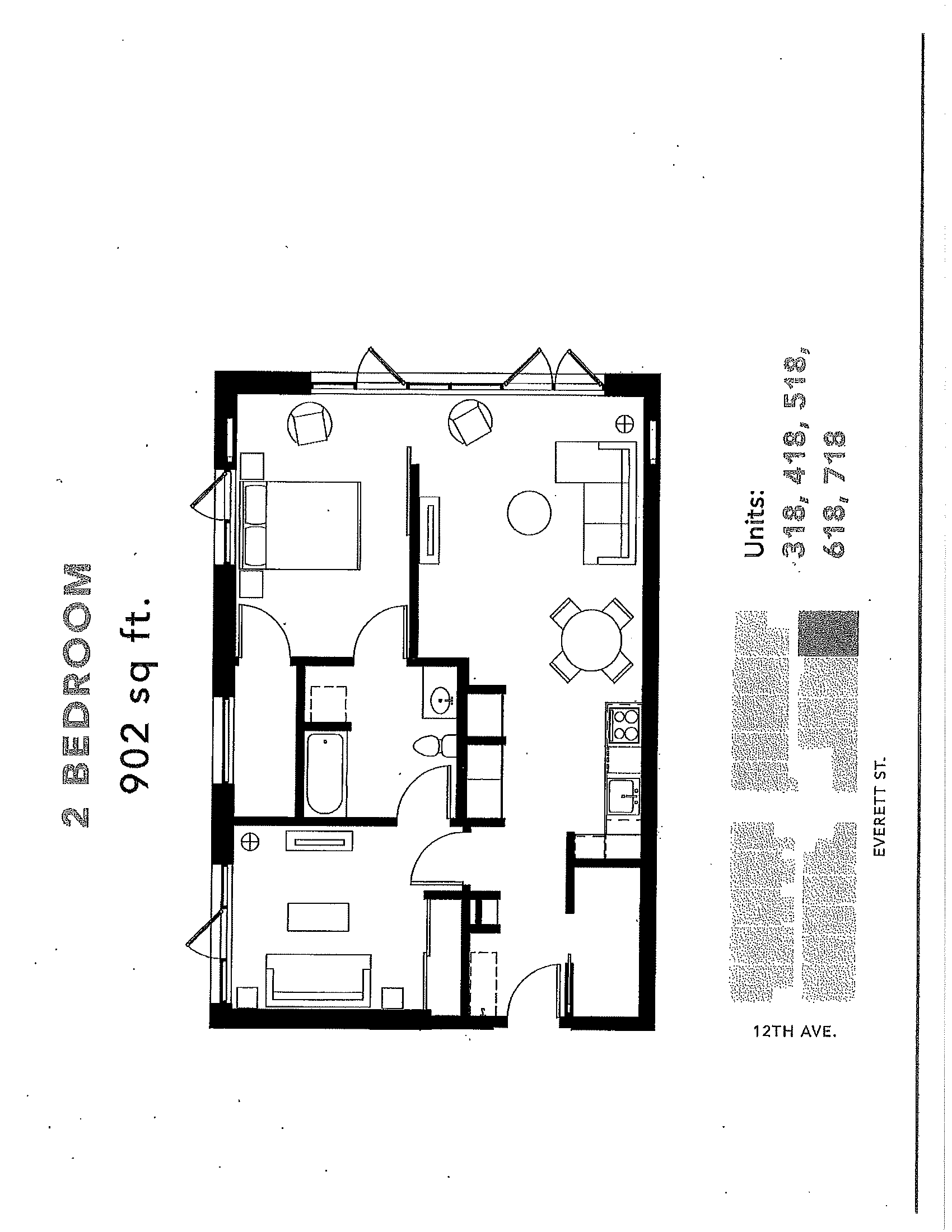 Floor plan for 2 beds, 1 bath, 802 sqft